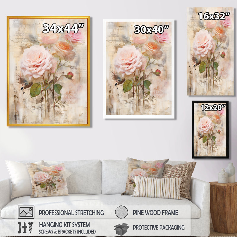 Illustration de collage rétro rose rose - roses, art mural, H 32 po x l 16 po x P 1 po, Toile tendue