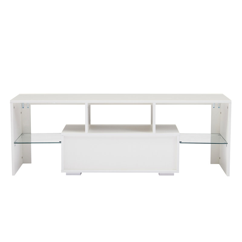 Station de télévision moderne blanche avec DEL, 50,83 po de profondeur, 13,98 po de largeur, 18,16 po de hauteur, supporte 110 livres, adopte E1 support de panneau de particules 16 rétro-éclairage à DEL, 4 modes, télécommande, convient aux téléviseurs de 50 à 59 po,
