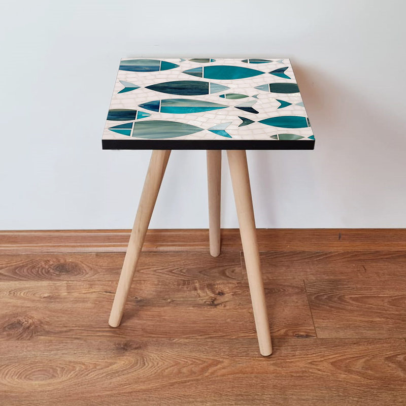 Table d'appoint moderne avec pieds en bois de hêtre, bleu, vert et blanc | 100% panneau de fibres à densité moyenne, 13,8 x 16,5 x 13,8 pouces | Conception géométrique élégante, parfaite pour le salon ou la chambre à coucher | Mobilier décoratif durable et accrocheur