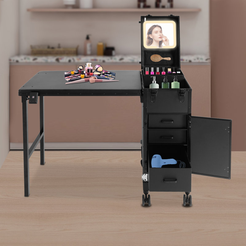Rolling Foldable Manicure Table With 3 Drawers, Black