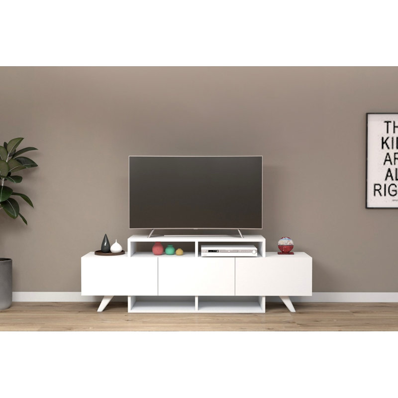 Modern White TV Stand, 59.1 x 19.3 x 12.4 inches | 100% Melamine Coated Particle Board, Thickness: 0.7 inches | Stylish and Functional Design for Living Room & Entertainment Spaces, Sleek Solid Color Finish
