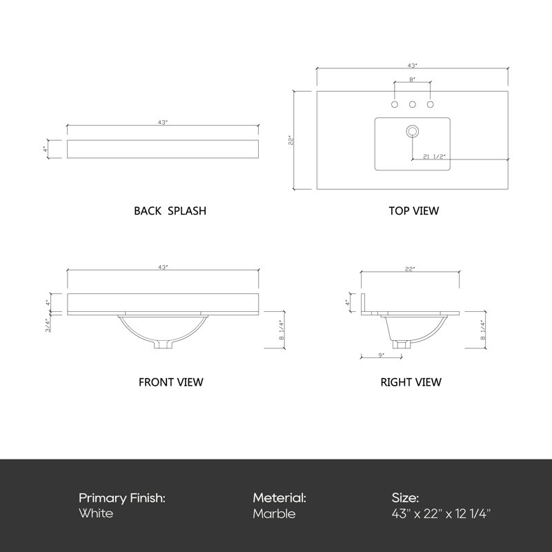 43'' White Marble Single Vanity Top with Ceramic Sink