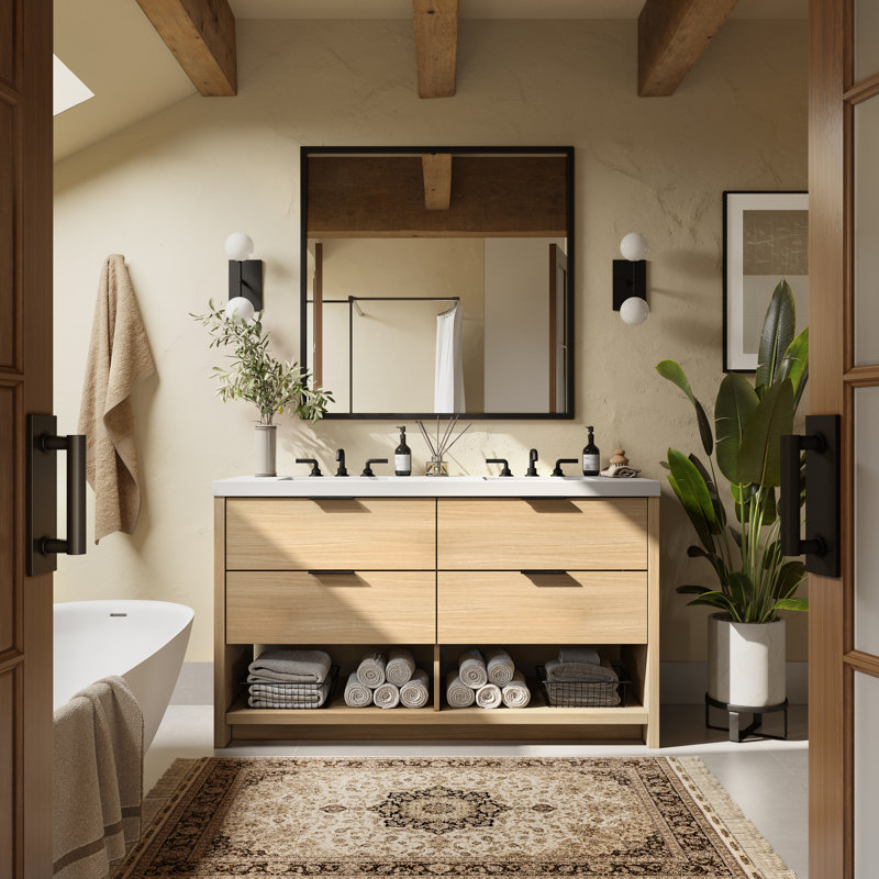 Vue 72" W Freestanding Double Bathroom Vanity, Biondo, Matte Black, Matte White/Single