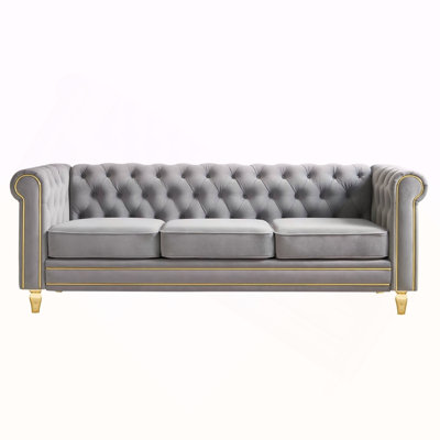 Chesterfield Velvet Sofa 84.65 inch for Living Room Light Grey Color