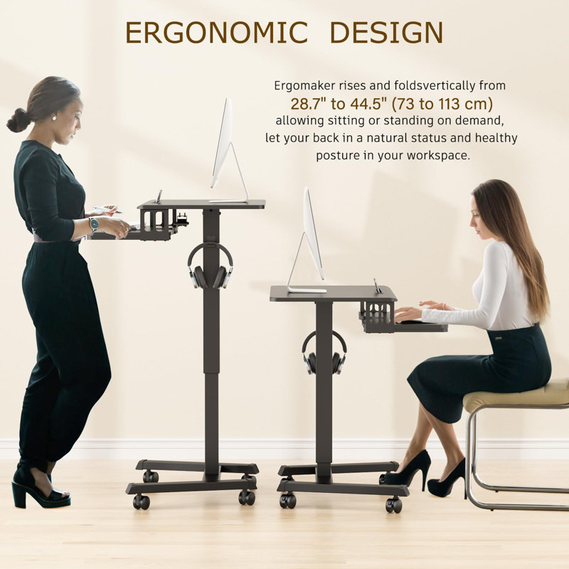 Mobile Rolling Small Table, Adjustable Height Computer Desk with Keyboard Tray, Black
