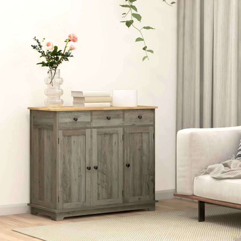 Sideboard With Solid Wood Countertop, Modern Kitchen Storage Cabinet, Coffee Bar Cabinet With 3 Drawers, Doors And Adjustable Shelf, Distressed