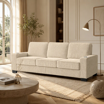 83.86 Corduroy Fabric Sofa, Modern 3-Seater Couch with Built-In Cup Holders, Durable and Pet-Friendly