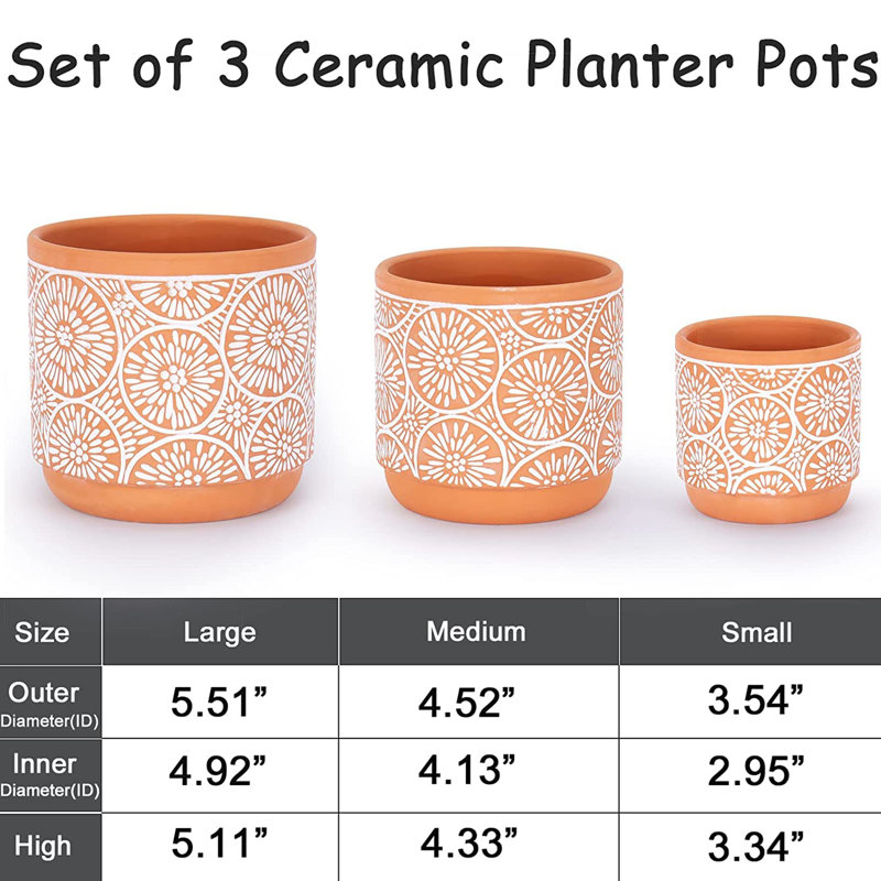 3 Piece Ceramic Plant pots with Drainage Holes, Orange