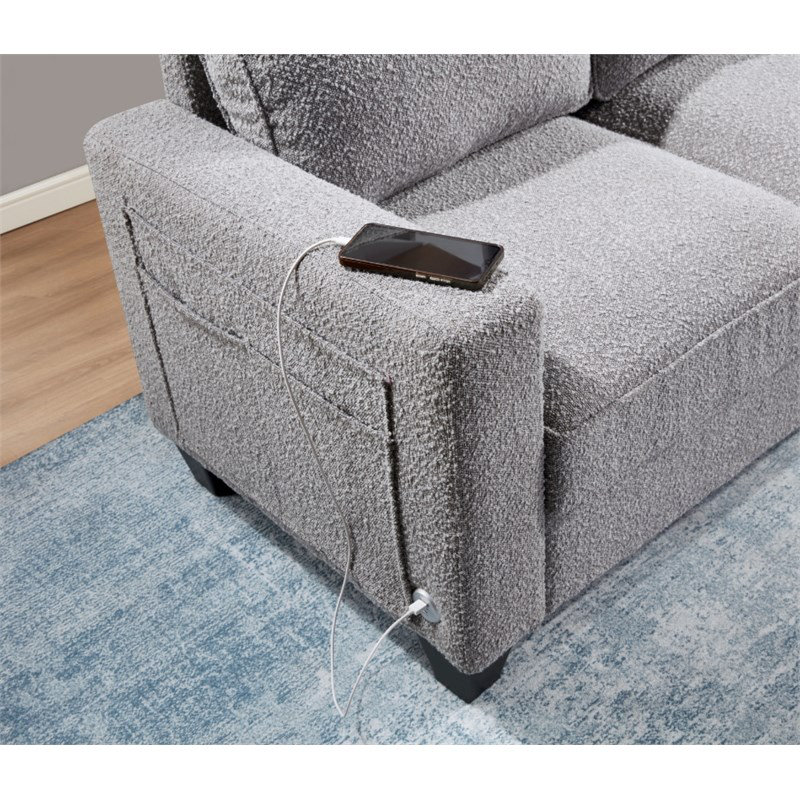  57"W Boucle Gray Loveseat Sofa with USB and Side Pockets, Gray Boucle