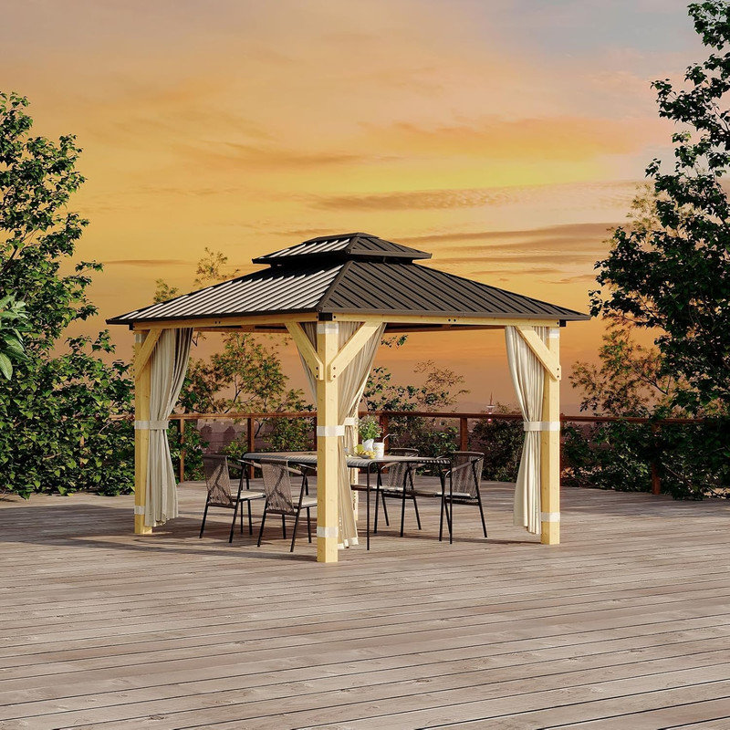 Pavillon de jardin en bois 10 pi x 12 pi avec structure en épinette massif, double toit en aluminium et filet