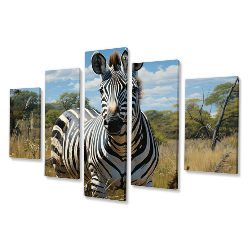 Zèbre réaliste, portrait animalier, salon, 5 panneaux