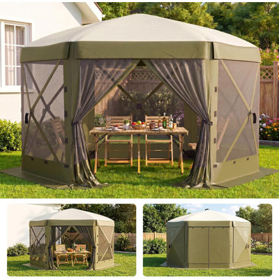 Gazebo pliant avec moustiquaire intégrée et panneaux en filet sur 6 côtés, abri pliable et portable idéal pour le camping, la terrasse et le jardin.