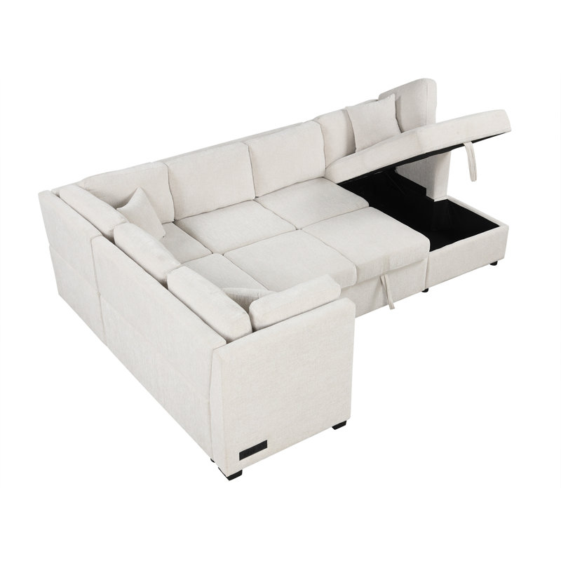 Canapé-lit modulaire en U 108,6 po avec deux ports USB, Chenille beige