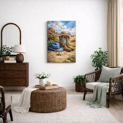 Western Cowboy Boots and Hat Desert Landscape Artwork, Living Room Pictures, Framed Canvas Giclee Print Wall Art