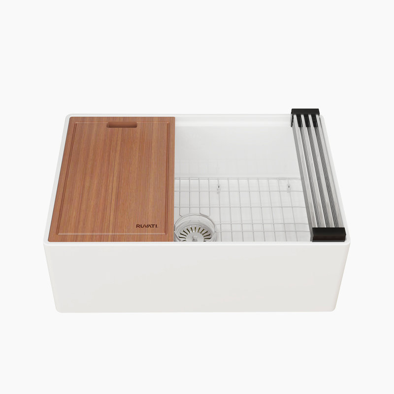 Ruvati 27 inch Fireclay Workstation White Farmhouse Kitchen Sink Apron Front Single Bowl - RVL2781WH
