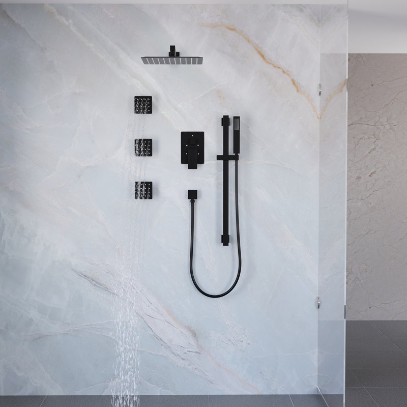 3-Function Shower System With 12" Ultra-Thin Square Shower Head,Body Jets And Hand Shower (Valve Included), Matte Black