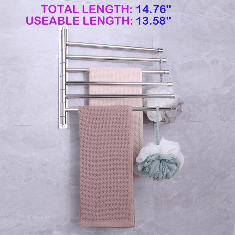 Porte-serviettes de salle de bain mural à 6 accoudoirs pivotant avec crochets Finition en acier inoxydable brossé antirouille
