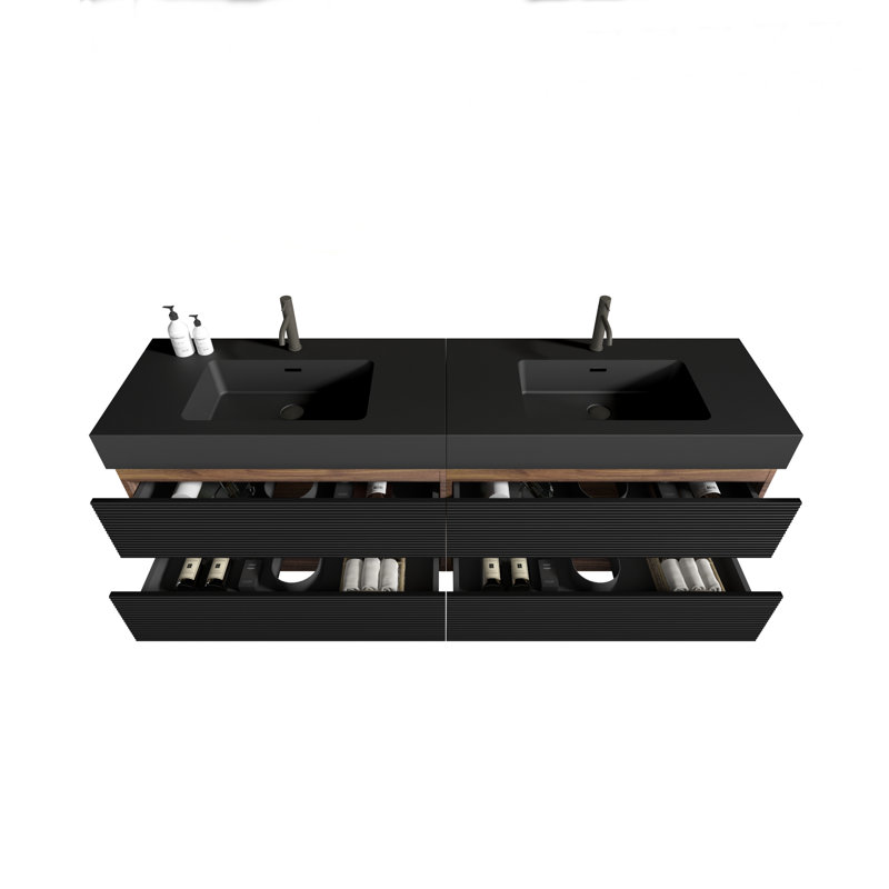 Meuble-lavabo mural 72 po avec lavabos et tiroirs en quartz Yulani, Noir mat