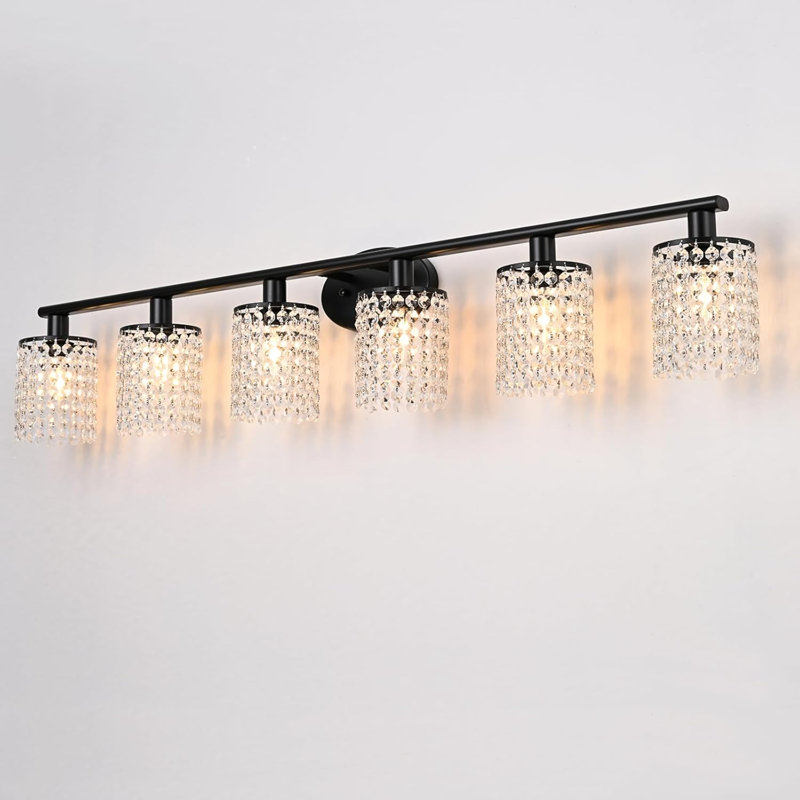 6-Light Crystal Vanity Light Fixture, Modern Black Bathroom Wall Sconce With K9 Crystal Drops, Dimmable E12 Base For Mirror, Vanity, Or Entryway
