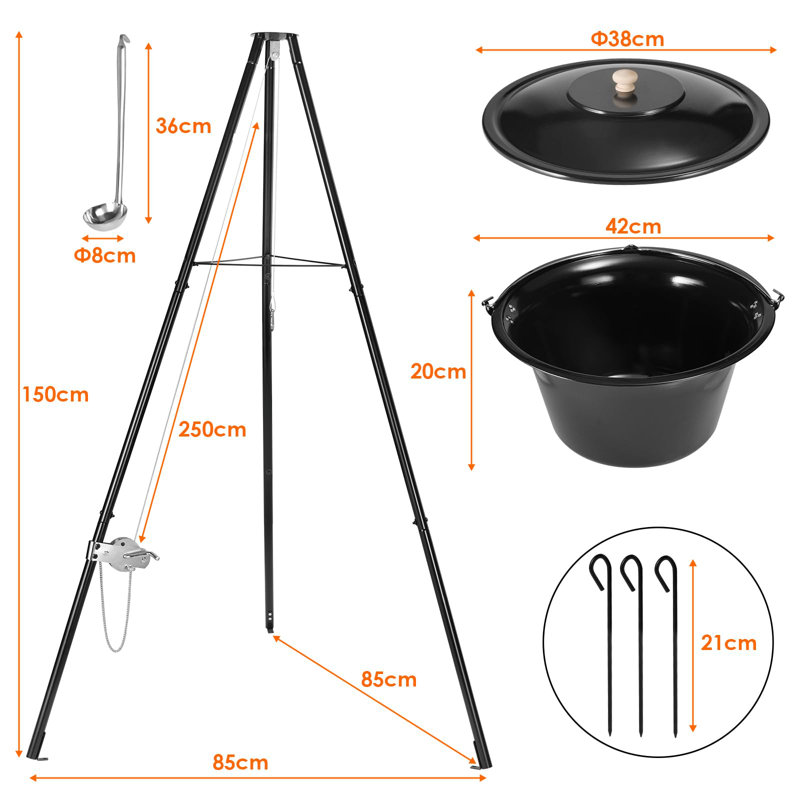 Goulash Pot With Tripod And Spoon, Original Hungarian Goulash Kettle, With Height-Adjustable Chain, With Ground Spikes, Kettle Goulash Pot Set, Enamel, For 10-15 People