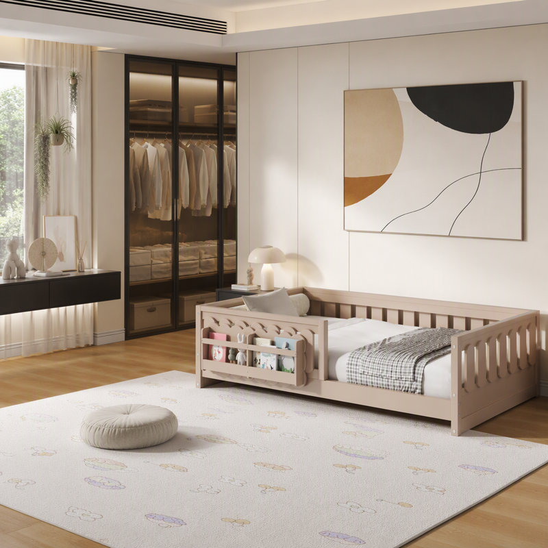 Lit plateforme simple en bois avec garde-corps et tablettes de rangement, naturel, Naturel