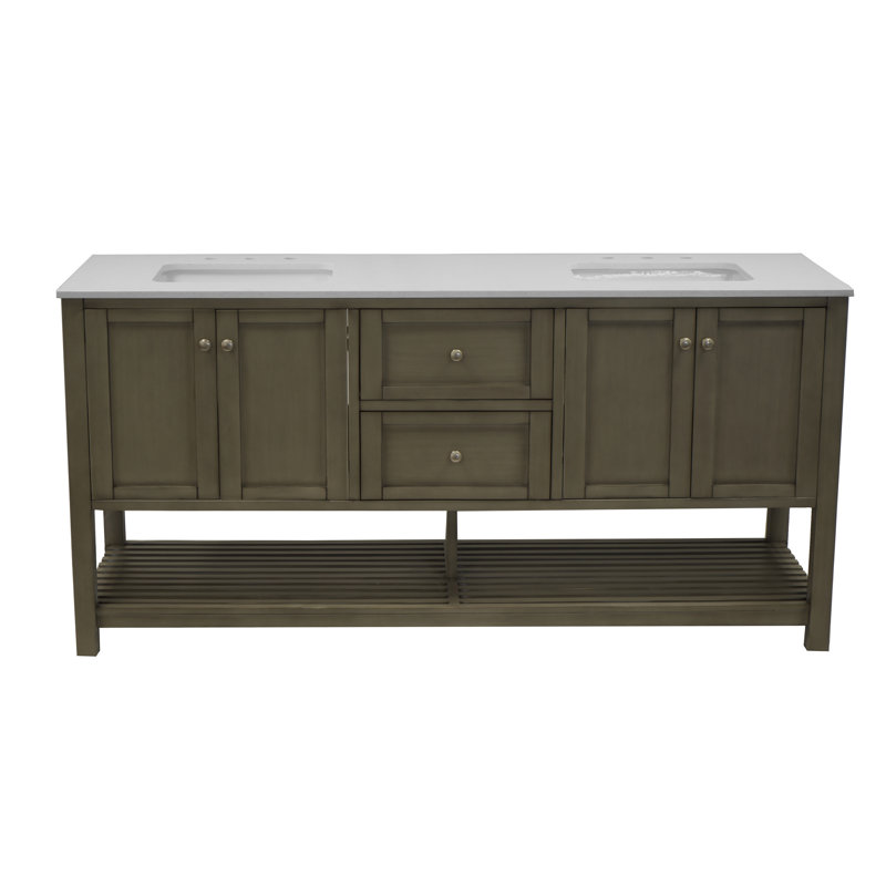Binne 72'' Double Bathroom Vanity with Top, Weathered Gray, Quartz