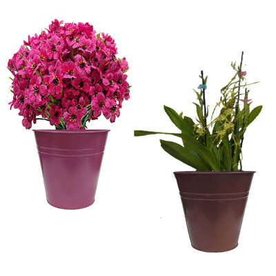 Enameled Galvanized Steel Planter, Vase For 8" Plants. Set Of Two