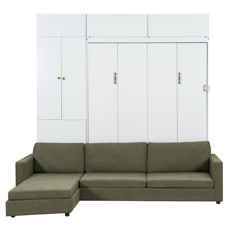 Grand lit escamotable avec canapé, armoire de rangement et tablettes réglables, Blanc