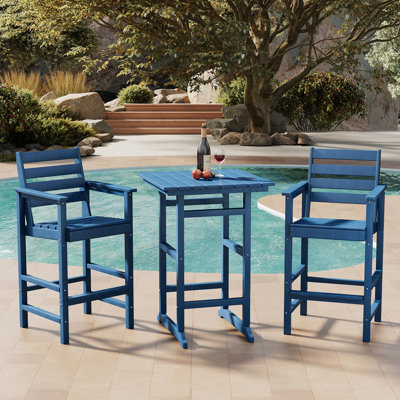 3-Piece HDPE Outdoor Bar Set – 2 Tall Bar Chairs & 1 Square Table, All-Weather Patio Furniture for Poolside, Garden, or Balcony