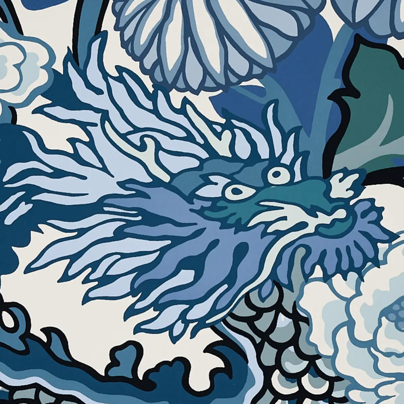 Papier peint dragon de Mai, Bleu porcelaine