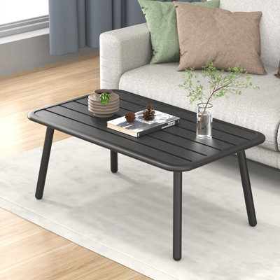 Small Rectangle Metal Outdoor Side Coffee Table For Outside Patio, Black Slat Top