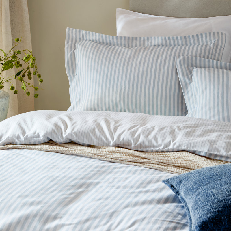 Hebden Cotton Striped Duvet Cover Set, Blue, Double Duvet Cover Set + 2 Pillowcases 