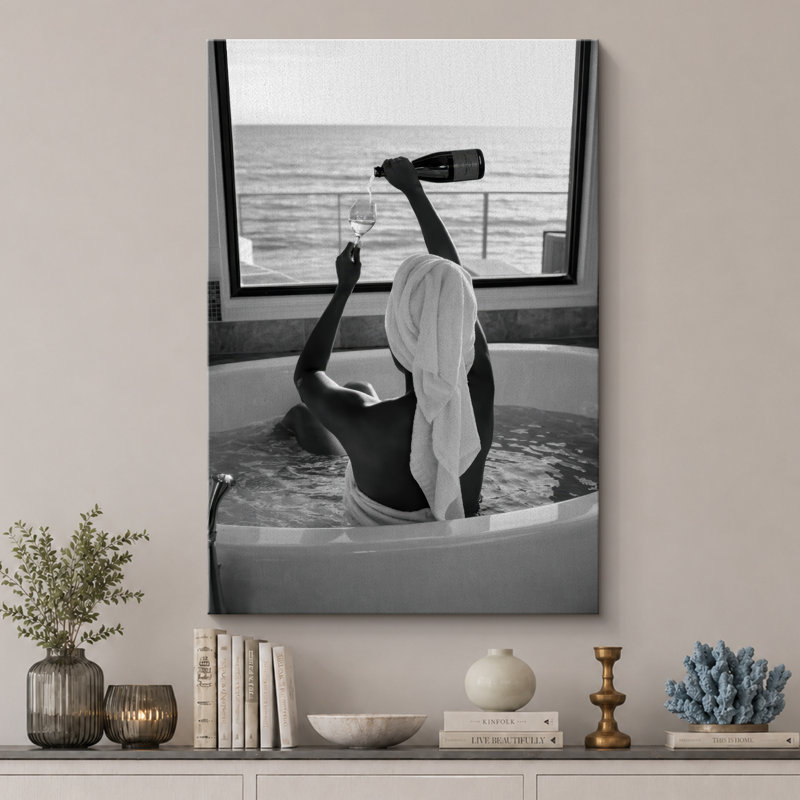«Black and White Tub Wine Ocean View», images de salle de bain, impression sur toile encadrée, impression numérique