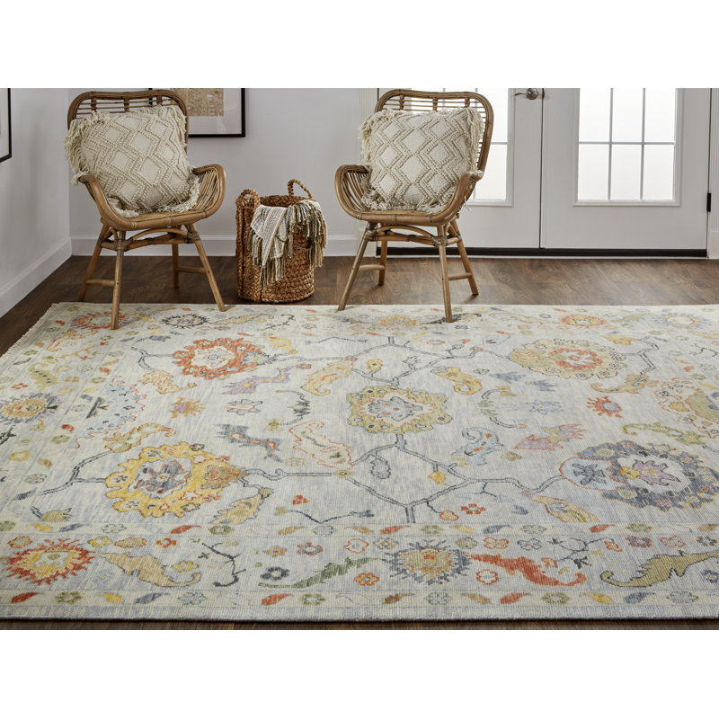 Karina Hand Knotted Wool Floral Area Rug in Orange/Yellow/Ivory, Rectangle 5'6" x 8'6"