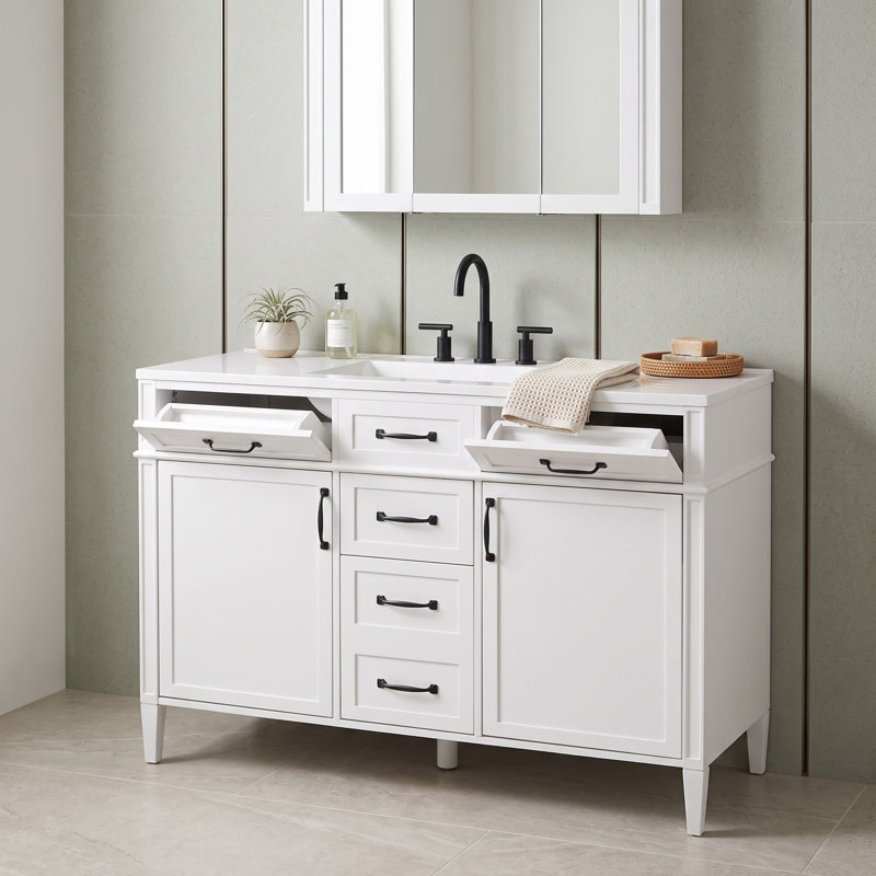 Meuble-lavabo autoportant avec comptoir intégré en composite, tablettes réglables et charnières à fermeture en douceur, White