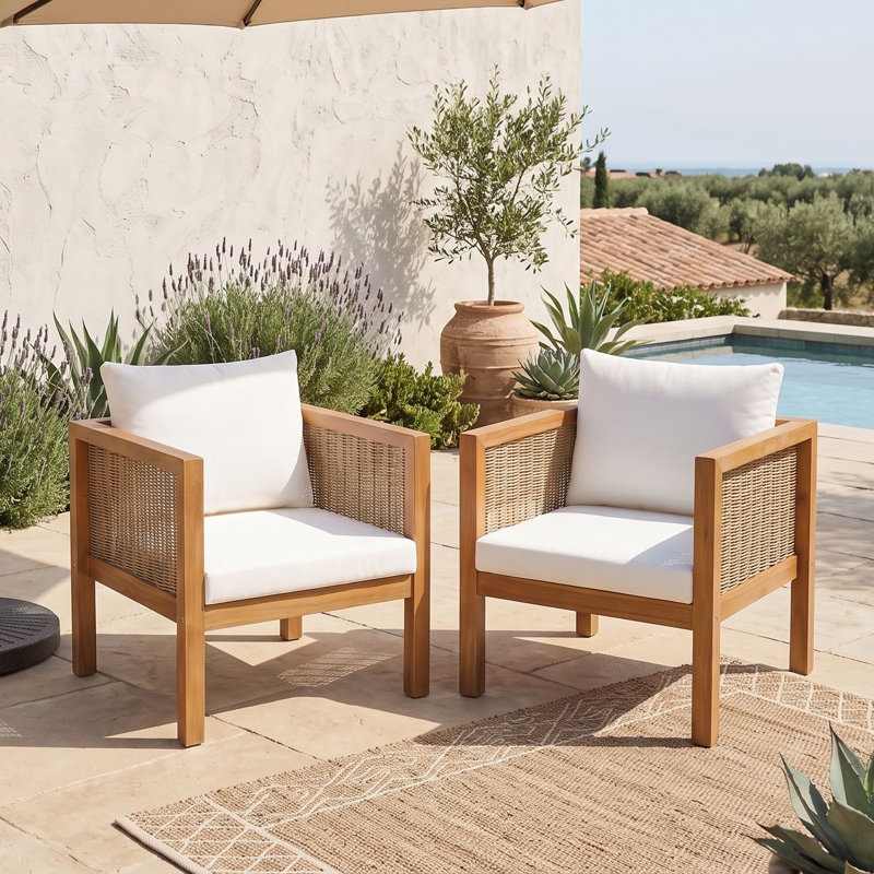 Ensemble de deux fauteuils d'extérieur en bois avec coussins, Naturel beige