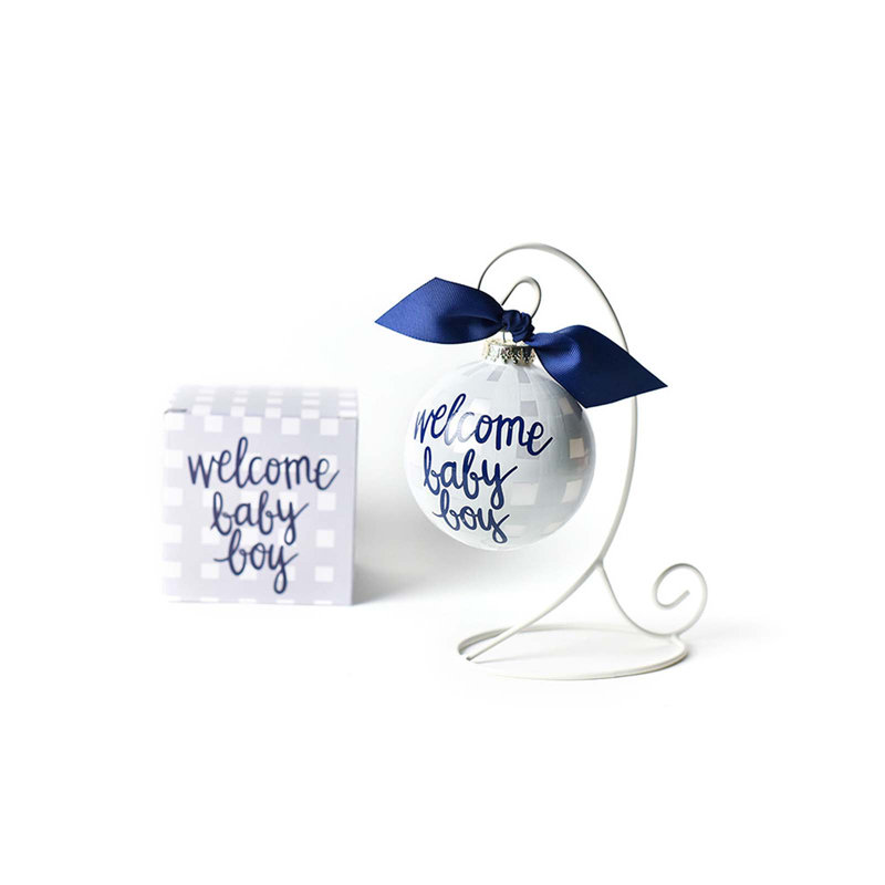 Ornement en verre Welcome Baby Boy Gingham 100 mm avec support à ornements blanc