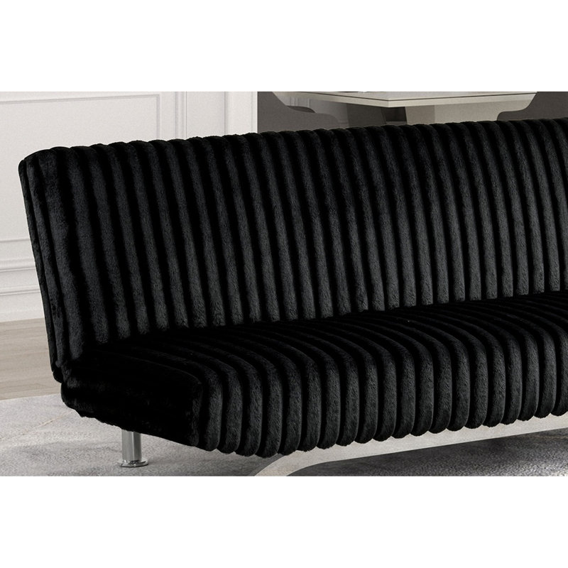 Futon contemporain se transformant en lit, housse en tissu noir, pieds avec base en métal fini, bois d'ingénierie et fabrication, support supplémentaire d'une largeur de 71 pouces, d'une profondeur de 33,5, d'une hauteur de 31 et de 2 sièges