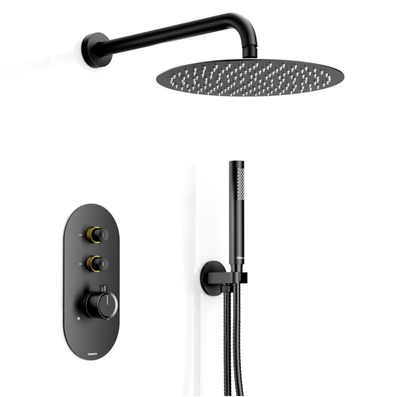 Angelsey 2-Function Shower System with Thermostatic Valve, Two‑Tone Finish (Matte Black & Brushed Gold) Shower Faucet Set, 12" Rain Shower Head with Handheld Combo, Bathroom Shower Fixtures