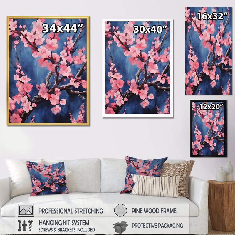 «Pink and Blue Cherry Blossoms Symphony» sur impression sur toile, Cadre doré simple, H 32 po x l 24 po x P 1 po