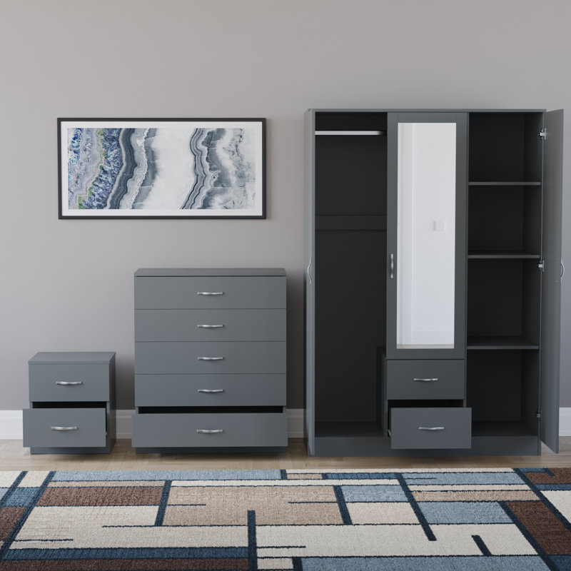 Maybery 3 Piece Bedroom Set (2 Drawer Bedside Chest, 5 Drawer Chest, 3 Door 2 Drawer Mirrored Wardrobe), (5), Grey