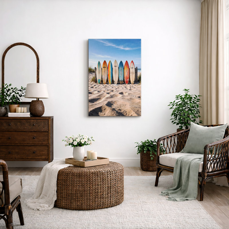 Illustration de planches de surf colorées sur la plage de sable, images de décoration murale océan côtier d'été, impression sur toile encadrée