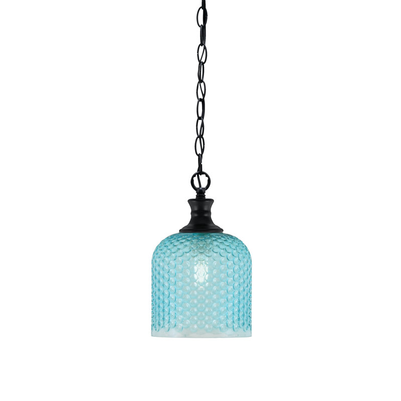 Luminaire suspendu à chaîne Quapaw avec verre texturé turquoise de 7 po, Noir mat