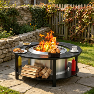 Outdoor Smokeless Fire Pit Surround Tabletop Powder-Coated Steel with Cover