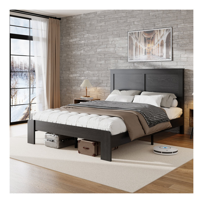 Cadre de lit double, cadre de lit plateforme en bois, silencieux, aucun sommier nécessaire et outil d'assemblage facile, grand rangement sous le lit, noir foncé