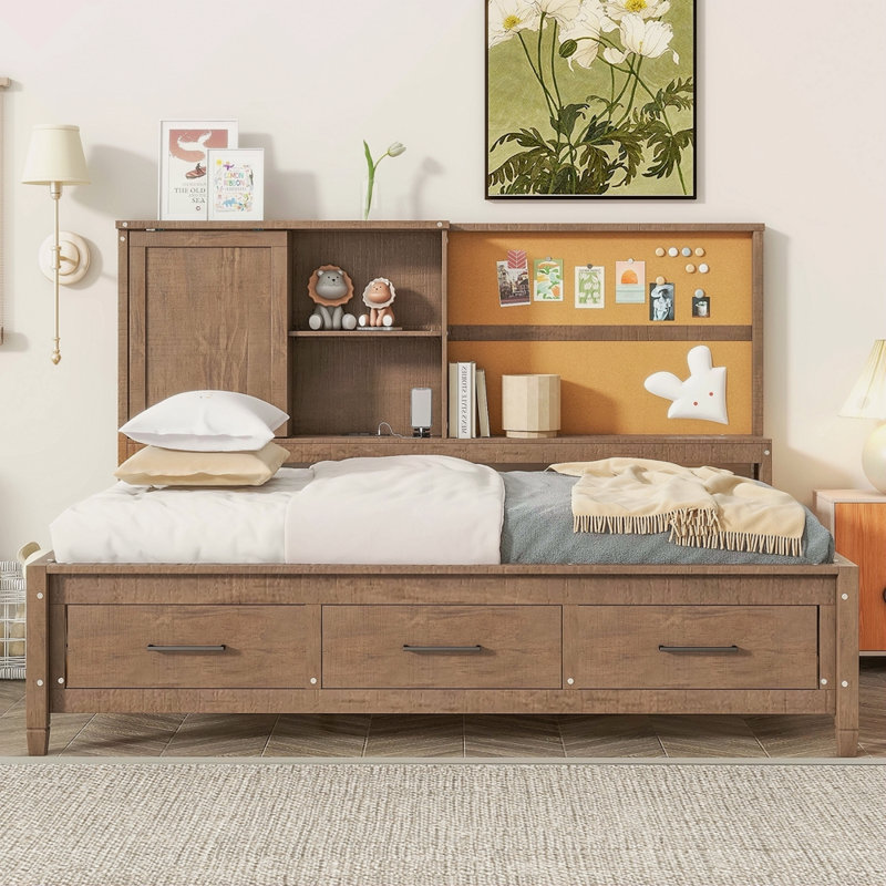 Twin Size Lounge Daybed With Storage Shelves, Cork Board, USB Ports And 3 Drawers