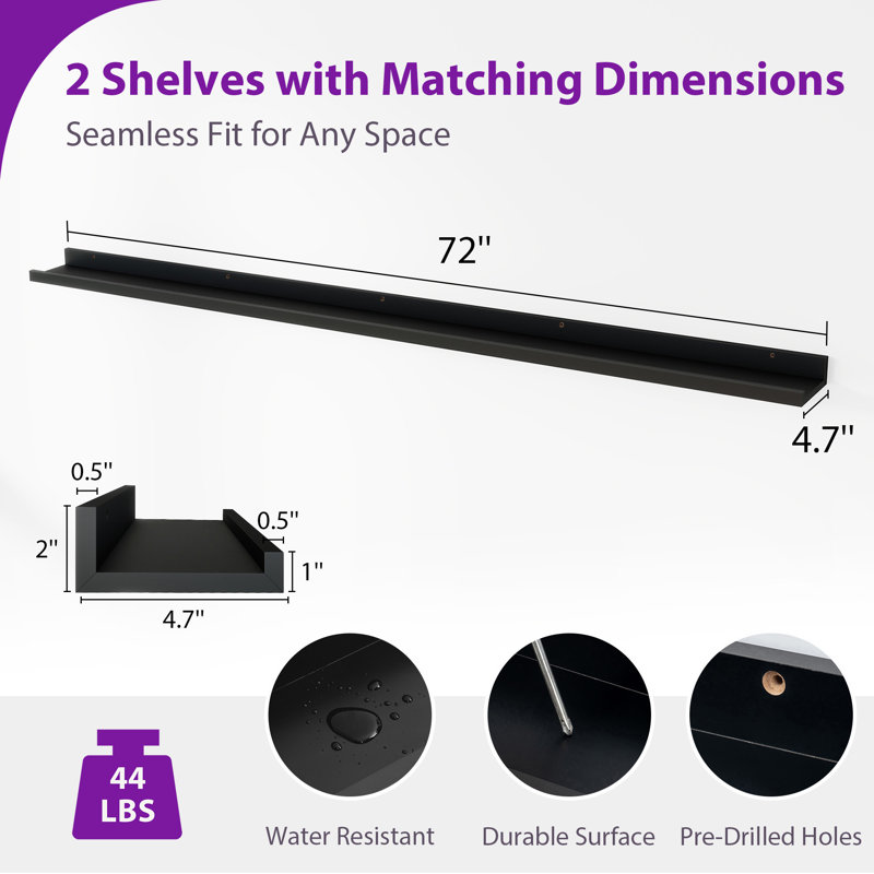Tablette murale 2 pièces Darlicia, Noir, H 2 po x l 72 po x P 4,7 po