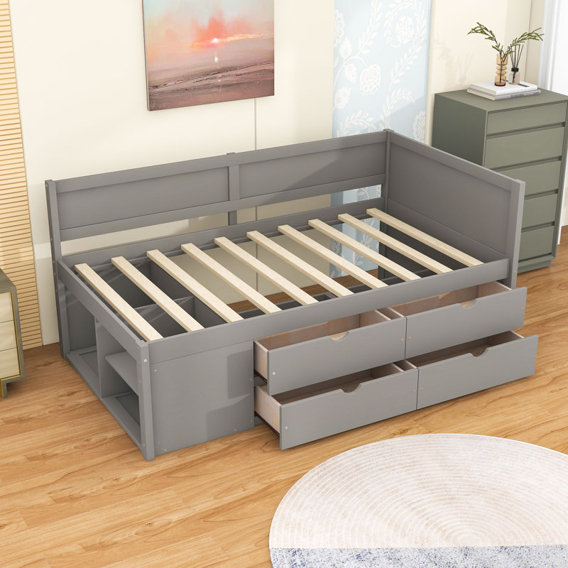 Wood Daybed with Pull-Out Drawers and Shelves, Gray, Twin