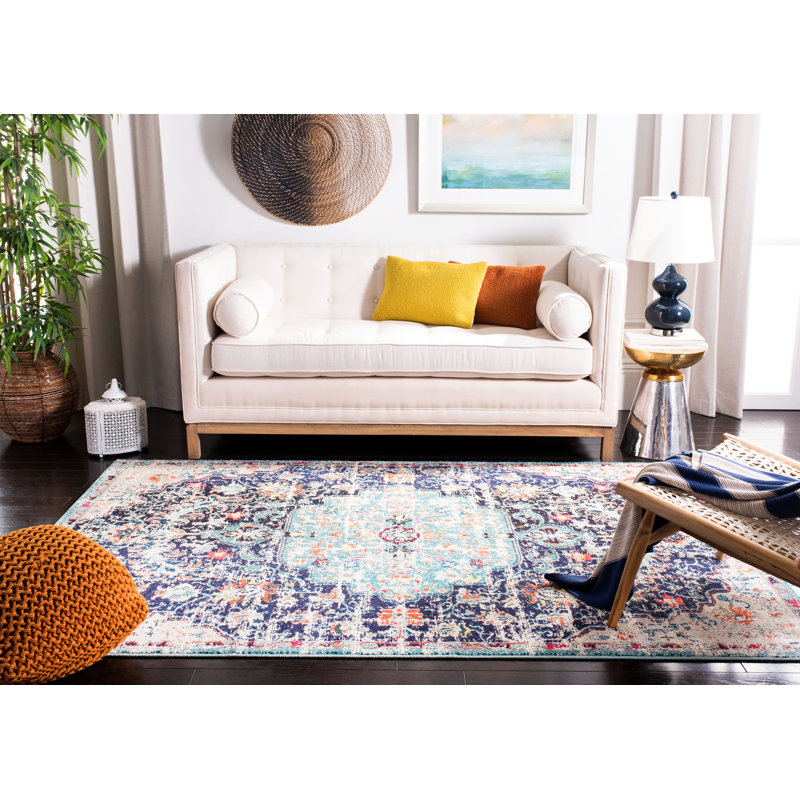 Felty Oriental Power Loom Polypropylene Area Rug in Black/Teal, Rectangle 8' x 10'