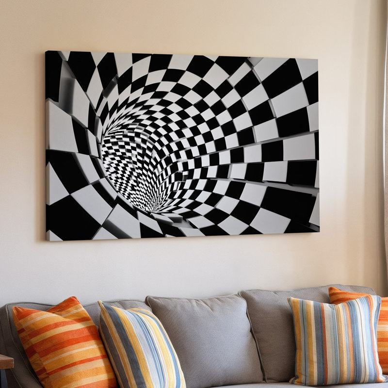 Toile, un tunnel hypnotisant composé de motifs alternatifs en damier noir et blanc créant un sentiment de profondeur et de mouvement
